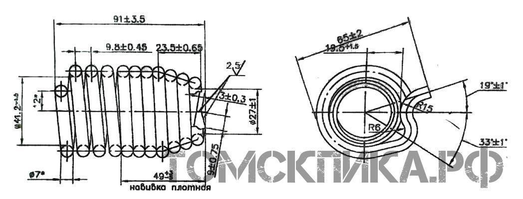 Чертеж с размерами пружины концевой МОП2-0012 для отбойных молотков МОП и МО производства Томские технологии